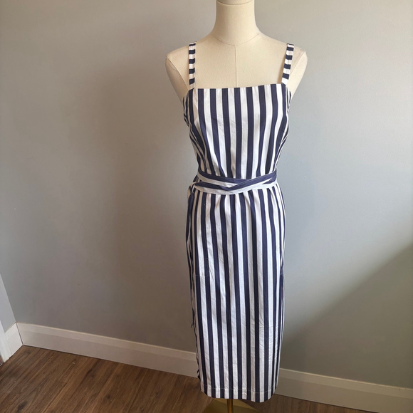 J. Crew Thomas Mason Women's Striped Apron Dress Navy & White SZ 14 - Picture 2 of 11